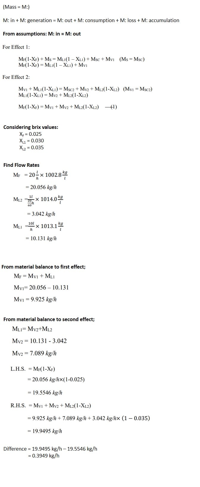 apply mass balance for double effect evaporator